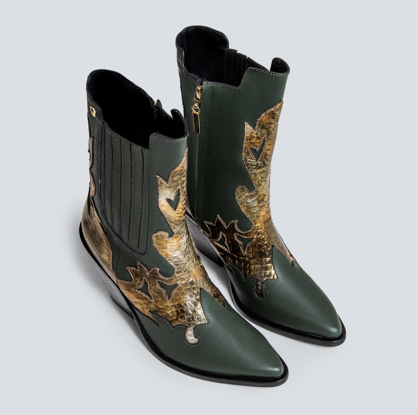 Bota en cuero corta para mujer verde-dorado